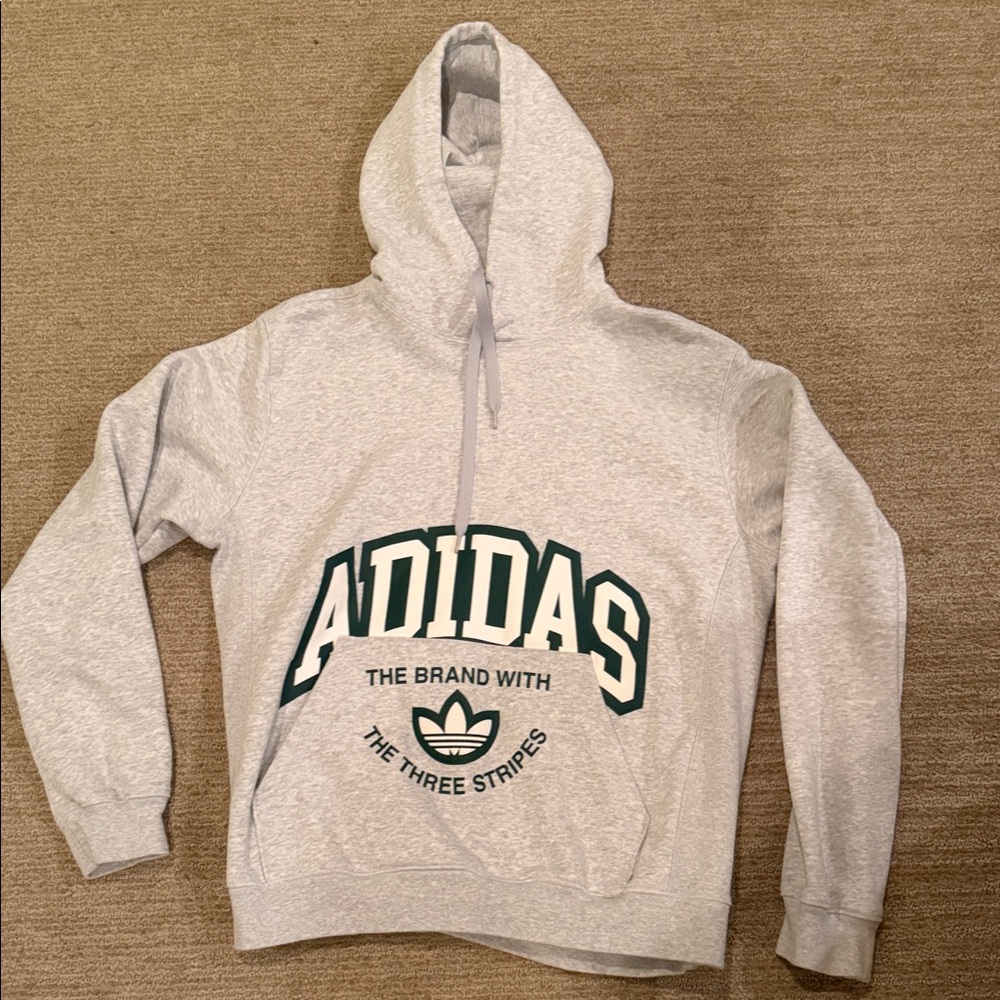 adidas Light Gray Crewneck Hoodie with Green Logo; men’s medium